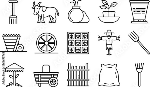 Farm Icons Set Black Outline Style with Agricultural Symbols