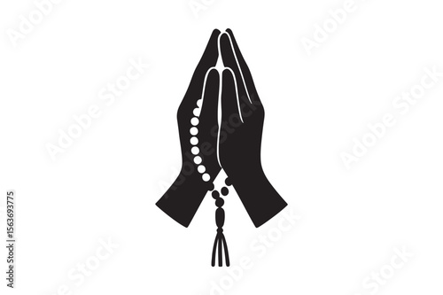 prayer hand with beads silhouette vector art illustration on white background