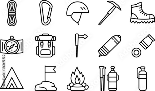 Black Line Art Icons of Camping and Hiking Equipment