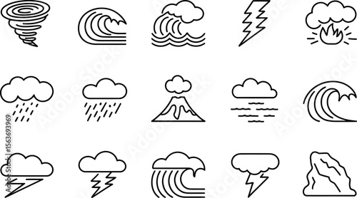 Black and white weather icons depicting natural phenomena like storms and waves