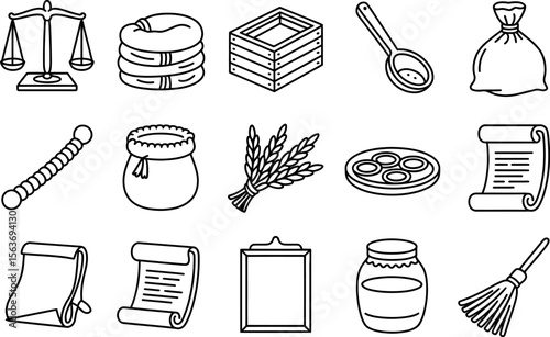 Black and white illustration of various objects related to agriculture