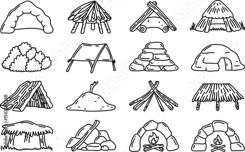 Hand-drawn Shelters and Structures Illustration in Black and White