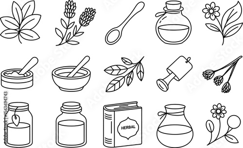 Black and White Herbal Medicine Icons with Leaves Flowers Jars and Book