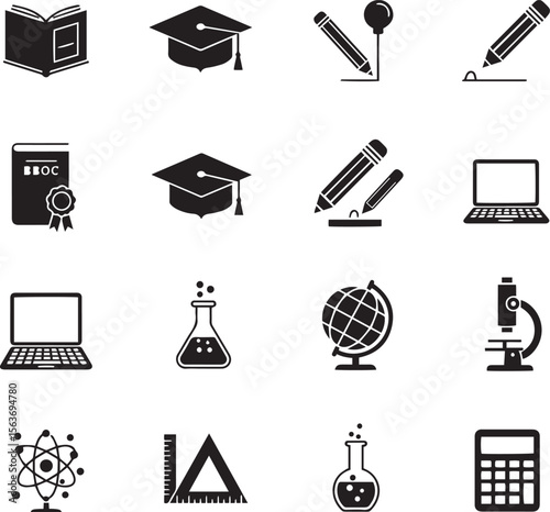 A collection of black and white education icons, illustrating various academic tools and symbols.