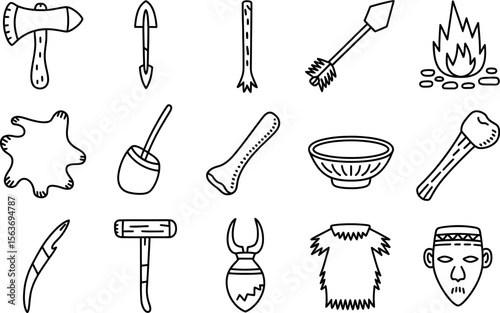 Black and White Hand- Drawn Prehistoric Tools and Artifacts