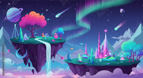 Discover a whimsical alien landscape with floating islands, colorful flora, and starry skies, perfect for fantastical designs.