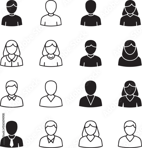 A collection of sixteen diverse avatar icons representing various people, presented in black and white.