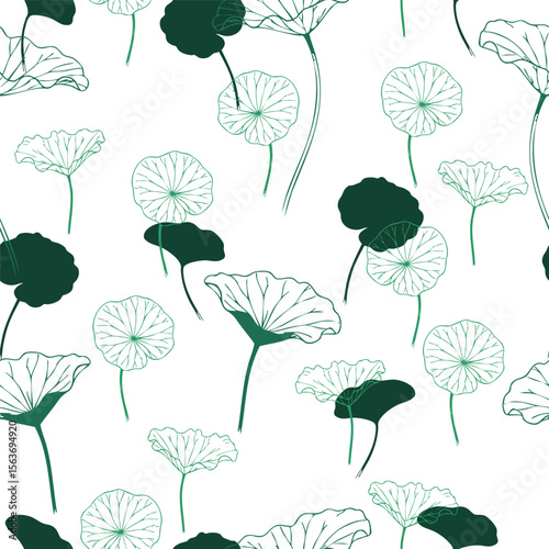 Minimalist Botanical Lotus Leaf Seamless Pattern – Line Art and Solid Silhouettes