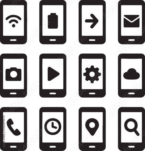 Smartphone app icons arranged in a grid, showcasing various functionalities.