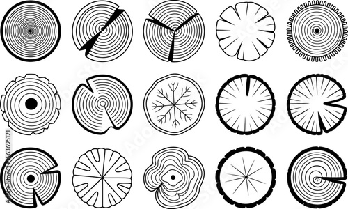 Black and white wood slices illustrations with various shapes and patterns