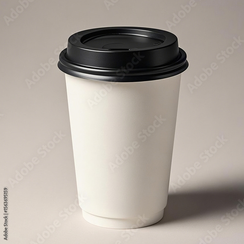 Coffee Cup Mockup with Black Lid on a Light Background, Blank White To-Go Cup for Branding and Design Presentation
