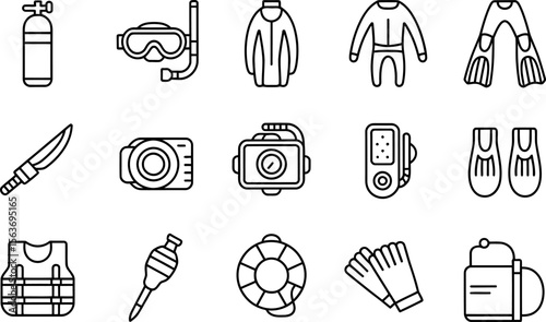 Scuba Diving Equipment Icons in Black Outlined Style