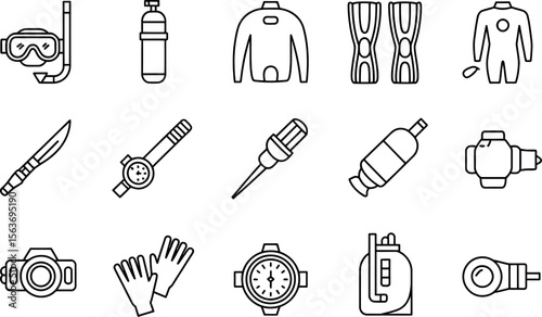 Scuba Diving Equipment Outlined Black Icons on White Background