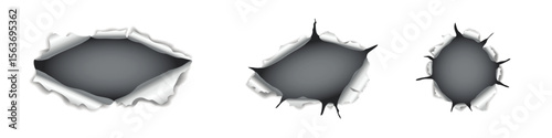 Transparent Background: Realistic Torn Paper Holes with Jagged Edges and Dark Void, Ideal for Creating Dramatic Effects, Reveals, and Destructive Design.


