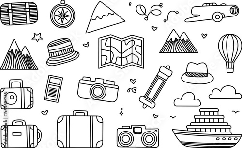 Black and white travel themed doodle illustrations of luggage compass map and more