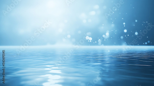 Serene blue ocean water with gentle waves and soft bokeh lights tranquil aquatic scenery reflecting the sky