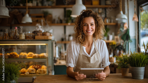 Curly haired smiling woman in beige apron standing behind a wooden coffee shop counter holding a tablet. Showcases with fresh pastries and bread. Small business owner. Generative AI