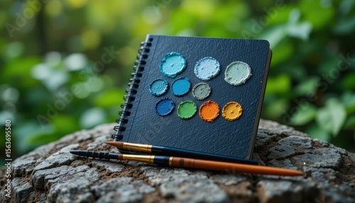 Palette notebook resting outdoors, showcasing natural earth-toned artistry