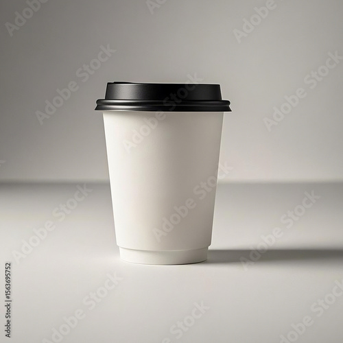 Sleek White Coffee Cup with Black Lid Against a Neutral Backdrop, Modern and Minimalist Coffee Cup with Black Lid for Branding and Design Projects