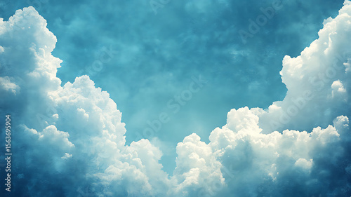 Fototapeta Naklejka Na Ścianę i Meble -  Serene blue sky with dramatic cumulus clouds forming a border creating a dreamlike atmosphere ideal for backgrounds and overlays