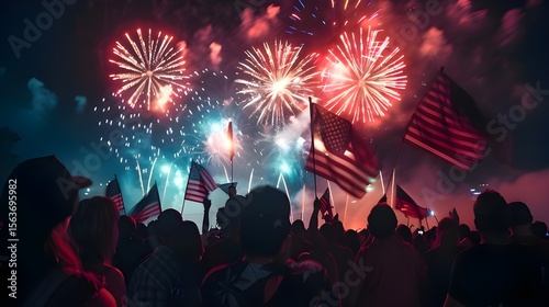 Hyper realistic photo of 4th of July fireworks lighting up the night sky, with people seen from behind in silhouette. American flags, glowing colors, and festive atmosphere in a patriotic celebration.