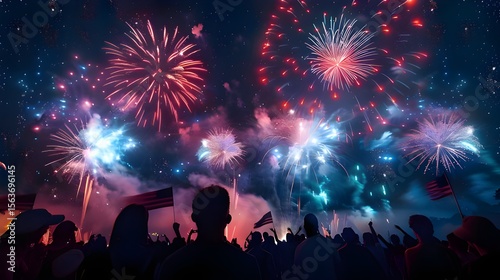 Hyper realistic photo of 4th of July fireworks lighting up the night sky, with people seen from behind in silhouette. American flags, glowing colors, and festive atmosphere in a patriotic celebration.