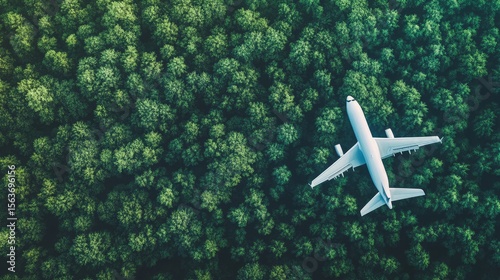 Sustainable aviation fuel concept of flight running on biofuel green energy An aerial view of an airplane flying over green forest the environmental impact and sustainability in the travel industry