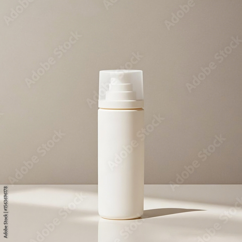 Minimalist Cream Lotion Bottle on a Beige Surface, Subtle Light and Shadow on an Elegant Product Container