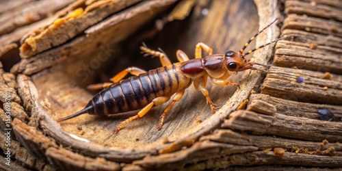 A Detailed Close-Up of an Earwig Insect on Decaying Wood