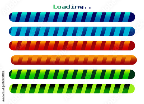 Colorful loading bars set with diagonal stripes in progress indicator styles on white background