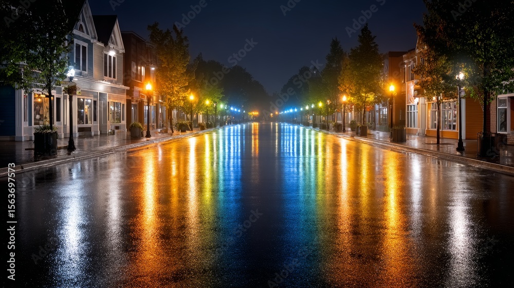 Fototapeta premium Vibrant neon lights reflecting on wet urban streets at night abstract city roadscape captivating street view