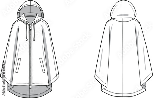 CAD drawing flat vector illustration, hooded poncho jacket template, fashion sketch front and back view, zipper closure, stylish rainwear design, garment blueprint