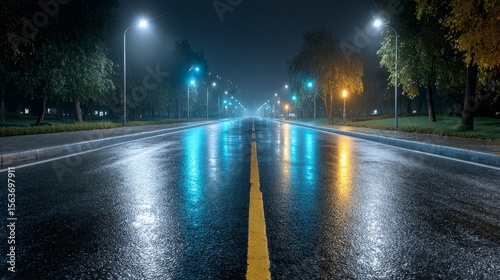 Urban abstract of a deserted wet road with neon lights downtown at night capturing the essence of city streets