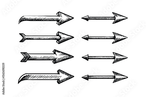 Arrow Icons Vector Engraving Set. Detailed Monochrome Pointer Illustrations. Vintage Stipple & Hatching Symbols