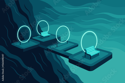 A futuristic scene featuring illuminated benches with glowing rings, positioned over a serene, wavy surface, evoking a tranquil and otherworldly atmosphere.