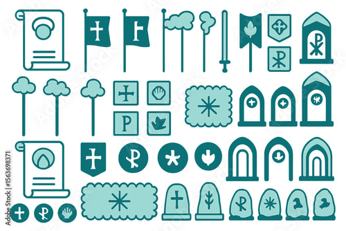 Fantasy game UI icon set with scrolls, flags, symbols, and archways