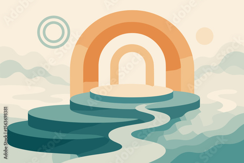 Abstract surreal landscape with rainbow arch and flowing path