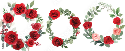 Elegant Watercolor Rose Wreaths with Red and Pink Flowers and Greenery for Wedding Invitations and Graphic Design