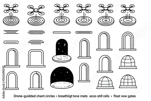 Futuristic icon set with drones, portals, domes, and stylized gates