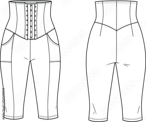 PrintHigh waist compression shapewear capri with hook closure, slimming contour fit, technical fashion sketch, garment flat vector illustration, CAD design