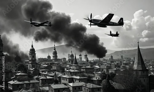 Aerial view of a bombed city during wartime
