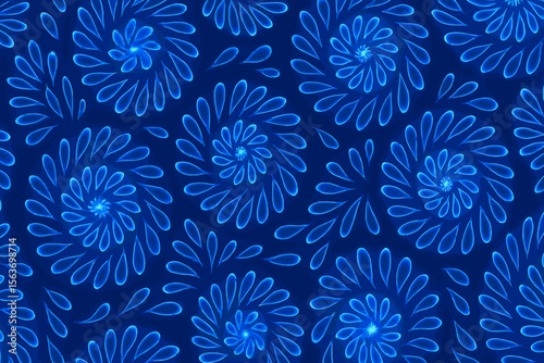 Seamless glowing blue floral pattern with spiral petals
