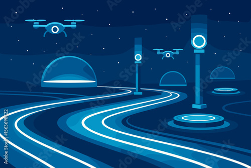 Futuristic night cityscape with drones and glowing roads