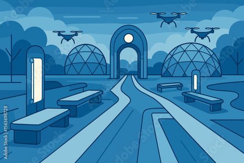 Futuristic park with drones, geodomes, benches, and arched gateway