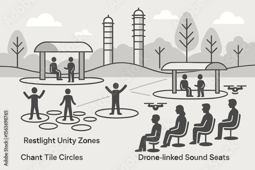 Conceptual diagram of outdoor unity zones with labeled chant tiles and drone-linked seats