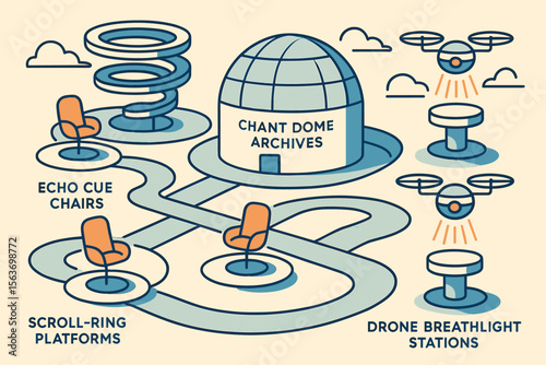 Futuristic infographic with labeled platforms, drones, and archive dome
