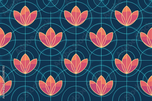 Seamless neon lotus pattern with grid and glowing petal outlines