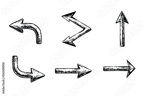 Arrow Icons Vector Engraving Set. Detailed Monochrome Pointer Illustrations. Vintage Stipple & Hatching Symbols