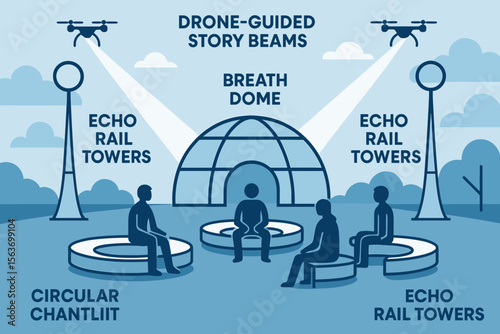 Futuristic gathering scene with drones and labeled tech structures