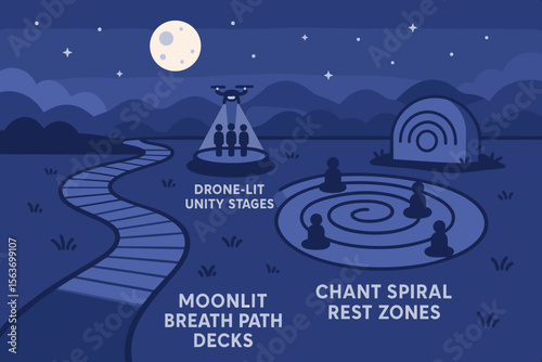 Nighttime illustration with drone-lit stage, spiral rest zone, and moonlit path
